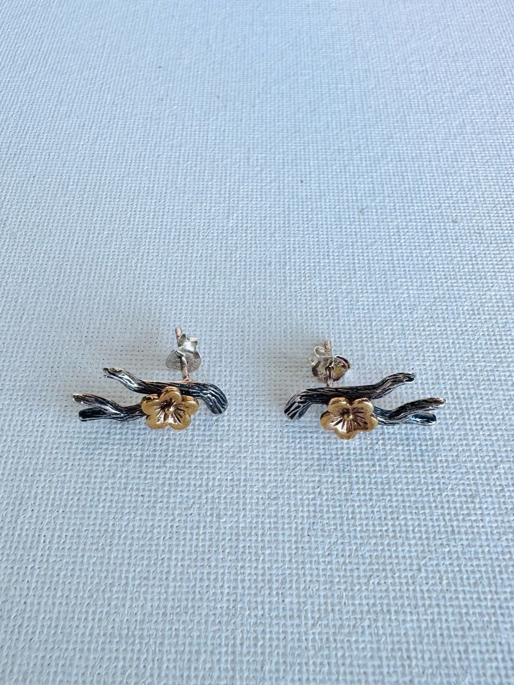Two-Tone Floral Branch Stud Earrings – Silver & Gold Detail | Nature-Inspired